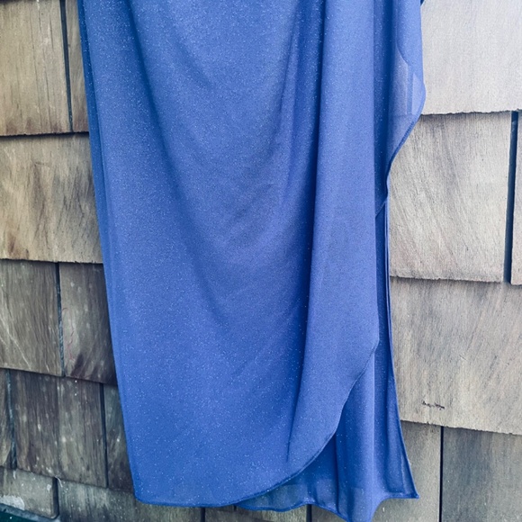 Alex Evening Sz12 Cold Shoulder Glitter Mesh Blue Dress Draped Skirt Cowl Neck - Picture 10 of 16
